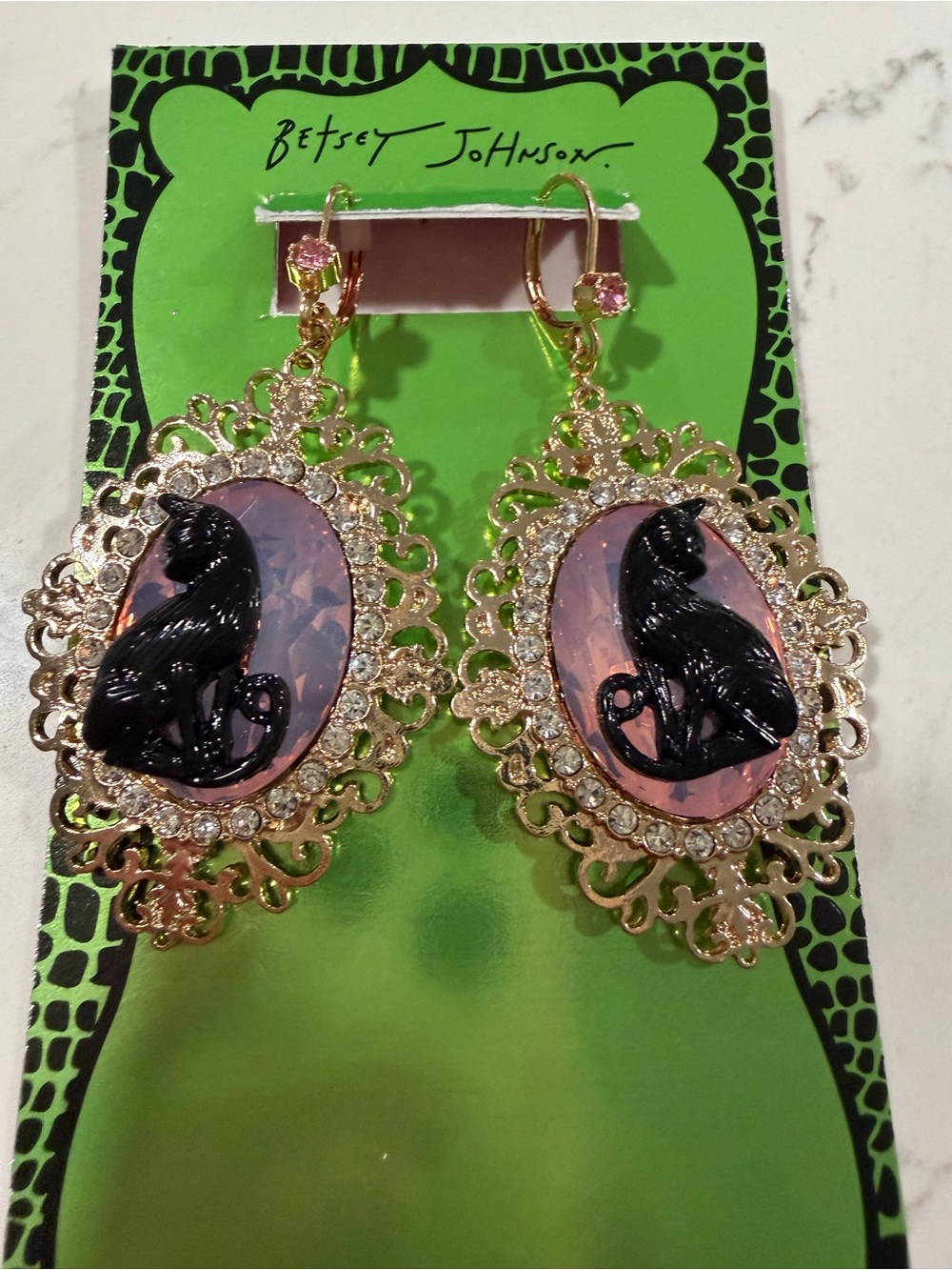 Betsey Johnson Pink Cameo Earrings with Black Cat and Gold Filigree